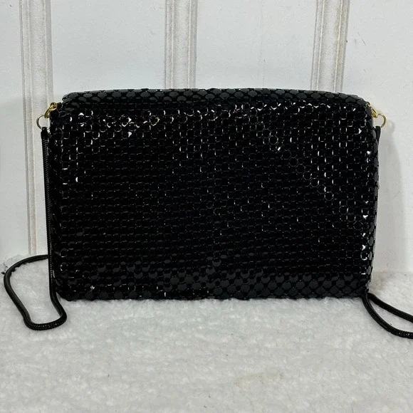 Vintage Metal Mesh Crossbody Bag Black Gold Trim Evening Clutch Glam Retro - Picture 2 of 12